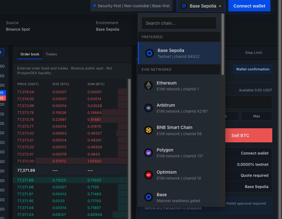 ProsperDEX network selector showing Base Sepolia marked preferred, Ethereum, Arbitrum, BNB Smart Chain, Polygon, Optimism, and gated Base mainnet readiness.