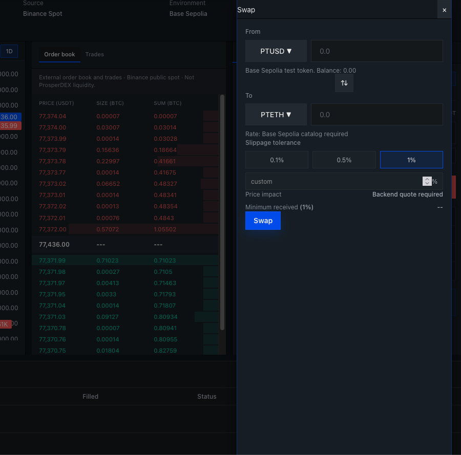 ProsperDEX Swap panel showing PTUSD to PTETH, Base Sepolia, slippage tolerance, backend quote required, and Swap button.